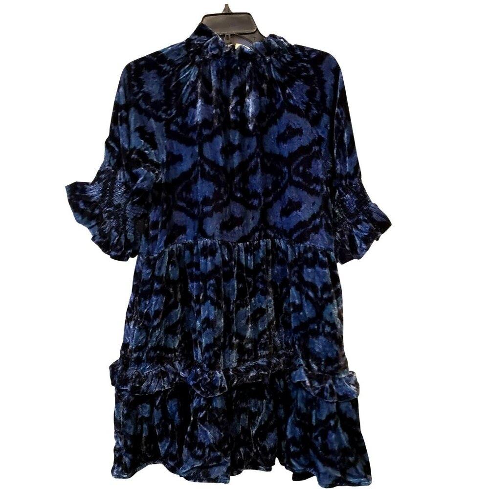 NEW Figue Navy Blue Velvet Burnout Boho Print Romantic Whimsigoth Mini Dress - Picture 7 of 11